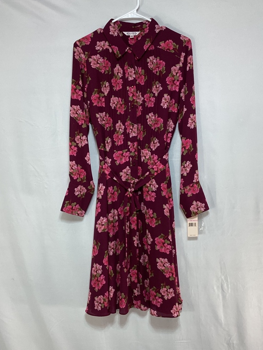 NWT Nanette Lepore Burgundy Floral Tie-Waist Long Sleeve Midi Dress - Picture 5 of 15